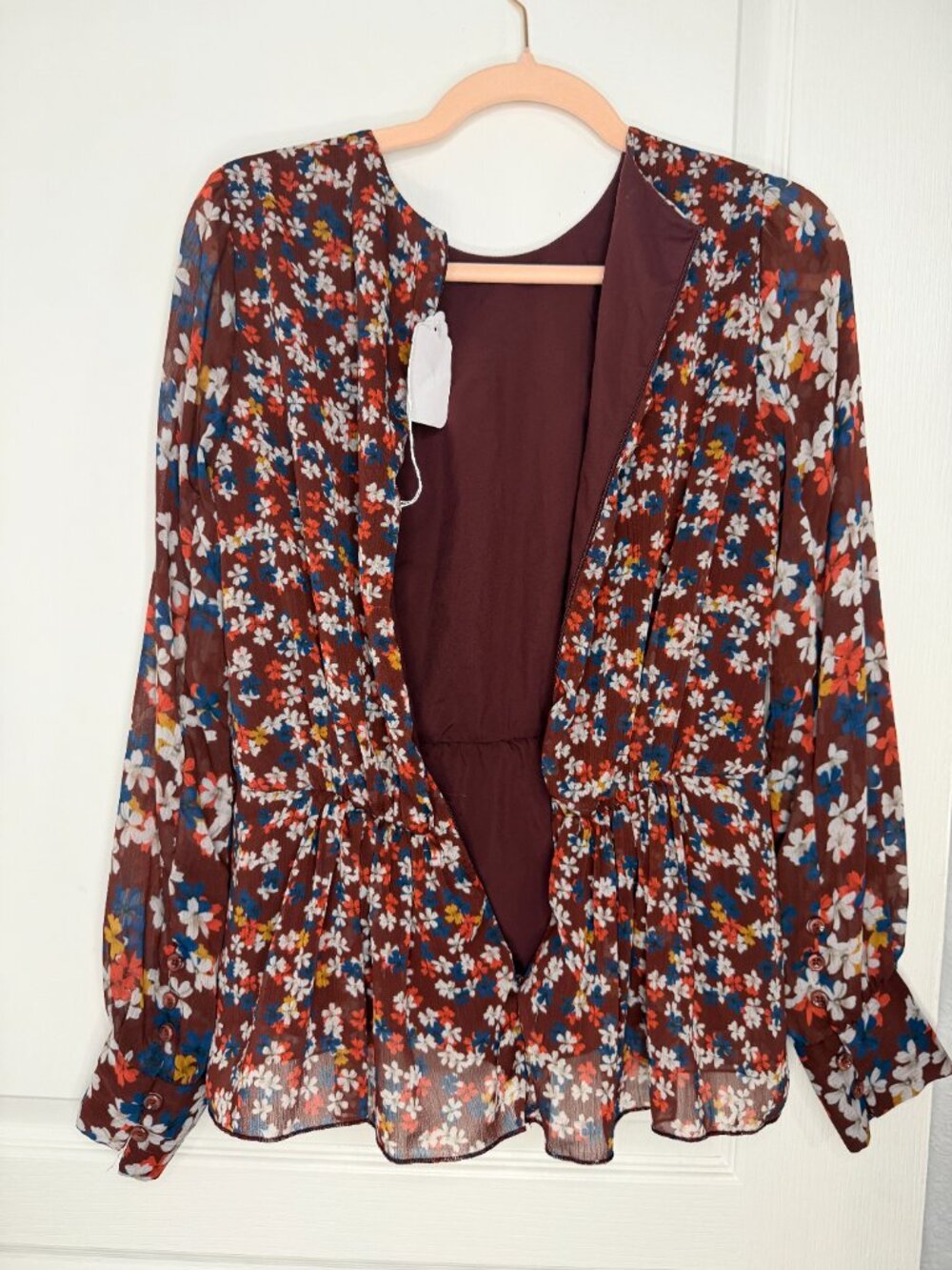 Jason Wu Collective Floral Sheer Peplum Blouse -Boho-- Burgundy– 4- MSRP $350 - Picture 6 of 14